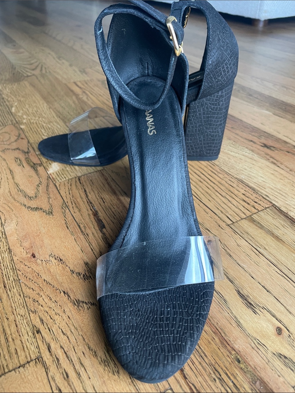 Kaanas Black Block Heels with Clear Toe and Instep Straps